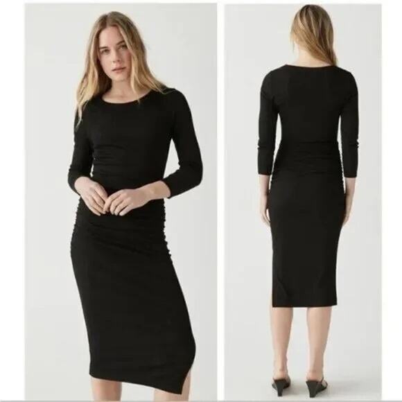 Michael Stars Dresses & Skirts - [Michael Stars] Black Ribbed Knit Midi Dress Round Neck 3/4 Sleeves Size Large L